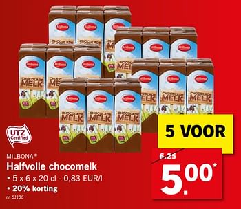 Promoties Halfvolle chocomelk - Milbona - Geldig van 29/07/2019 tot 03/08/2019 bij Lidl