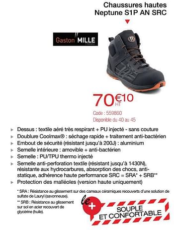 Promotions Chaussures hautes neptune s1p an src - Gaston Mille - Valide de 01/07/2019 à 31/08/2019 chez Chausson Matériaux