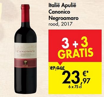 Promoties Italië apulië canonico negroamaro rood, 2017 - Rode wijnen - Geldig van 31/07/2019 tot 07/09/2019 bij Carrefour