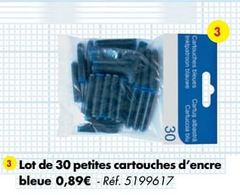 Promotions Lot de 30 petites cartouches d`encre bleue - Produit maison - Carrefour  - Valide de 31/07/2019 à 07/09/2019 chez Carrefour