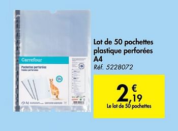 Promoties Lot de 50 pochettes plastique perforées a4 - Huismerk - Carrefour  - Geldig van 31/07/2019 tot 07/09/2019 bij Carrefour