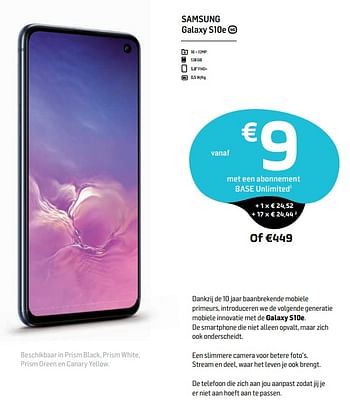 Promoties Samsung galaxy s10e - Samsung - Geldig van 01/08/2019 tot 07/08/2019 bij Base