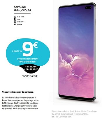 Promotions Samsung galaxy s10+ - Samsung - Valide de 01/08/2019 à 07/08/2019 chez Base