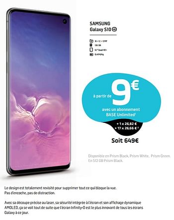 Promotions Samsung galaxy s10 - Samsung - Valide de 01/08/2019 à 07/08/2019 chez Base