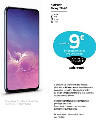 Promotions Samsung galaxy s10e - Samsung - Valide de 01/08/2019 à 07/08/2019 chez Base