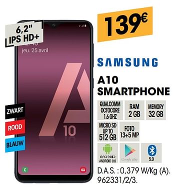 Promoties Samsung a10 smartphone - Samsung - Geldig van 04/08/2019 tot 22/08/2019 bij Electro Depot