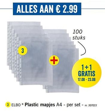 Promoties Plastic mapjes a4 - Elbo - Geldig van 12/08/2019 tot 17/08/2019 bij Lidl