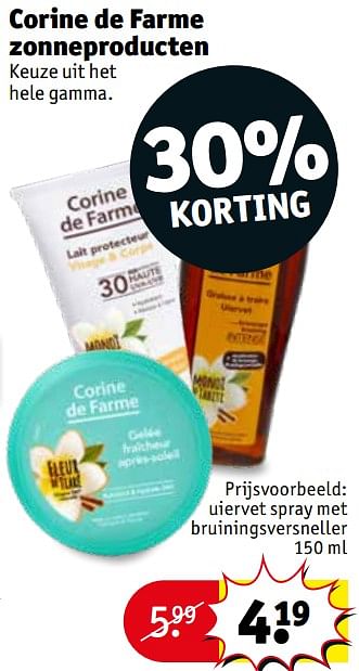 Promotions Corine de farme zonneproducten uiervet spray met bruiningsversneller - Corine de farme - Valide de 06/08/2019 à 18/08/2019 chez Kruidvat