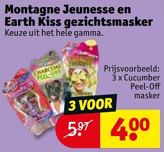 Promoties Montagne jeunesse en earth kiss gezichtsmasker cucumber peel-off masker - Montagne Jeunesse - Geldig van 06/08/2019 tot 18/08/2019 bij Kruidvat