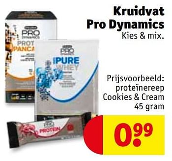 Promoties Kruidvat pro dynamics proteïnereep cookies + cream - Huismerk - Kruidvat - Geldig van 06/08/2019 tot 18/08/2019 bij Kruidvat