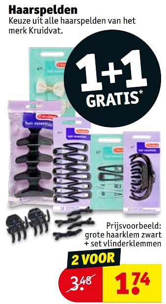 Promoties Haarspelden grote haarklem zwart + set vlinderklemmen - Huismerk - Kruidvat - Geldig van 06/08/2019 tot 18/08/2019 bij Kruidvat
