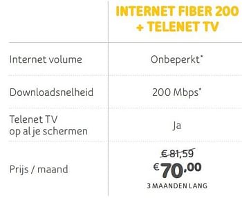 Promotions Internet fiber 200 + telenet tv - Produit Maison - Telenet - Valide de 05/08/2019 à 22/09/2019 chez Telenet