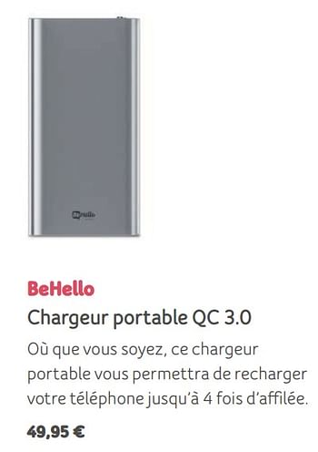 Promotions Behello chargeur portable qc 3.0 - BeHello - Valide de 05/08/2019 à 22/09/2019 chez Telenet