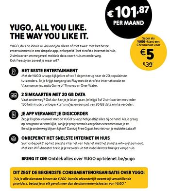 Promoties Yugo, all you like. the way you like it - Huismerk - Telenet - Geldig van 05/08/2019 tot 22/09/2019 bij Telenet