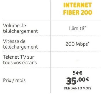 Promotions Internet fiber 200 - Produit Maison - Telenet - Valide de 05/08/2019 à 22/09/2019 chez Telenet