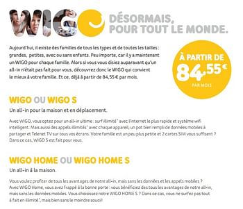 Promotions Wigo désormais, pour tout le monde - Produit Maison - Telenet - Valide de 05/08/2019 à 22/09/2019 chez Telenet