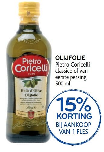 Promoties 15% korting bij aankoop van 1 fles olijfolie pietro coricelli classico of van eerste persing - Pietro Coricelli - Geldig van 14/08/2019 tot 27/08/2019 bij Alvo