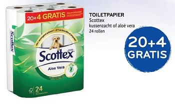 Promoties 20+4 gratis toiletpapier scottex kussenzacht of aloë vera - Scottex - Geldig van 14/08/2019 tot 27/08/2019 bij Alvo