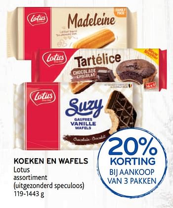 Promoties 20% korting bij aankoop van 3 pakken koeken en wafels lotus - Lotus Bakeries - Geldig van 14/08/2019 tot 27/08/2019 bij Alvo
