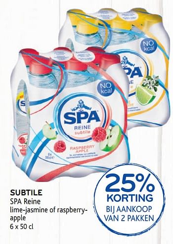 Promoties 25% korting bij aankoop van 2 pakken subtile spa reine lime-jasmine of raspberryapple - Spa - Geldig van 14/08/2019 tot 27/08/2019 bij Alvo