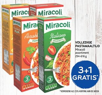 Promoties 3+1 gratis volledige pastamaaltijd miracoli - Miracoli - Geldig van 14/08/2019 tot 27/08/2019 bij Alvo