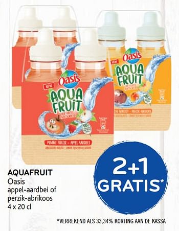 Promoties 2+1 gratis aquafruit oasis appel-aardbei of perzik-abrikoos - Oasis - Geldig van 14/08/2019 tot 27/08/2019 bij Alvo
