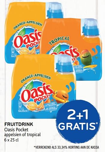 Promoties 2+1 gratis fruitdrink oasis pocket appelsien of tropical - Oasis - Geldig van 14/08/2019 tot 27/08/2019 bij Alvo