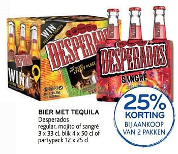 Promoties 25% korting bij aankoop van 2 pakken bier met tequila desperados regular, mojito of sangré - Desperados - Geldig van 14/08/2019 tot 27/08/2019 bij Alvo