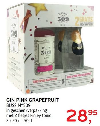 Promoties Gin pink grapefruit buss n°509 in geschenkverpakking met 2 flesjes finley tonic - Buss - Geldig van 14/08/2019 tot 27/08/2019 bij Alvo