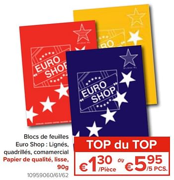 Promotions Blocs de feuilles euro shop : lignés, quadrillés, comamercial - Produit Maison - Euroshop - Valide de 12/08/2019 à 09/09/2019 chez Euro Shop