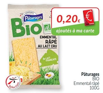 Promoties Pâturages bio emmental râpé - Paturages - Geldig van 01/08/2019 tot 31/08/2019 bij Intermarche