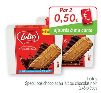 Promoties Lotus speculoos chocolat au lait ou chocolat noir - Lotus Bakeries - Geldig van 01/08/2019 tot 31/08/2019 bij Intermarche