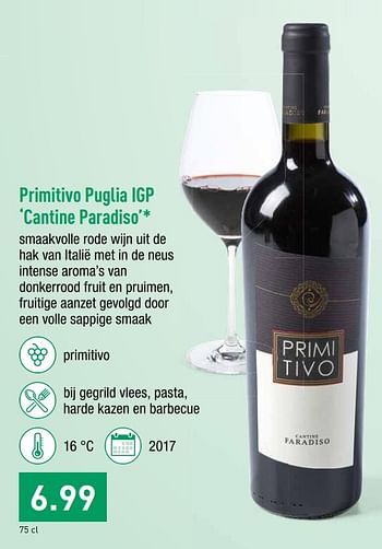Promoties Primitivo puglia igp cantine paradiso - Rode wijnen - Geldig van 12/08/2019 tot 17/08/2019 bij Aldi