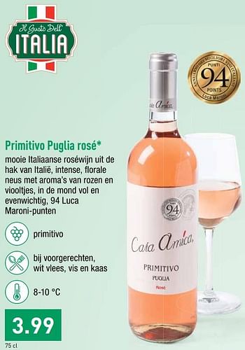 Promoties Primitivo puglia rosé - Rosé wijnen - Geldig van 12/08/2019 tot 17/08/2019 bij Aldi