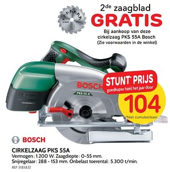 Promotions Bosch cirkelzaag pks 55a - Bosch - Valide de 14/08/2019 à 02/09/2019 chez BricoPlanit