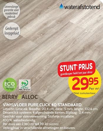 Promoties Vinylvloer pure click 40 standaard - Berry Alloc - Geldig van 14/08/2019 tot 02/09/2019 bij BricoPlanit