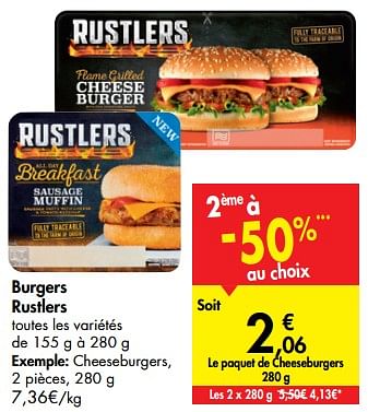 Promotions Burgers rustlers cheeseburgers - Rustlers - Valide de 07/08/2019 à 19/08/2019 chez Carrefour