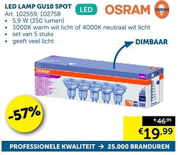 Promotions Osram led lamp gu10 spot - Osram - Valide de 20/08/2019 à 23/09/2019 chez Zelfbouwmarkt