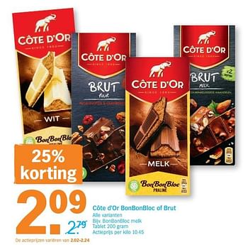 Promoties Cote d`or bonbonbloc of brut bonbonbloc melk tablet - Cote D'Or - Geldig van 12/08/2019 tot 18/08/2019 bij Albert Heijn
