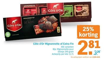 Promoties Côte d`or mignonnette of extra fin mignonnette puur doosje - Cote D'Or - Geldig van 12/08/2019 tot 18/08/2019 bij Albert Heijn
