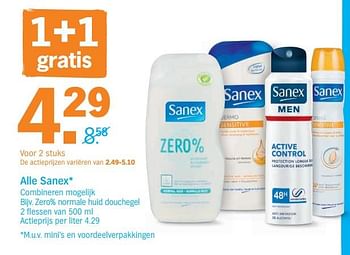 Promoties Alle sanex zero% normale huid douchegel - Sanex - Geldig van 12/08/2019 tot 18/08/2019 bij Albert Heijn