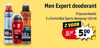 Promotions Men expert deodorant invincible sports deospray - L'Oreal Paris - Valide de 13/08/2019 à 18/08/2019 chez Kruidvat