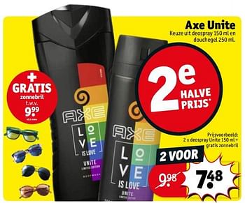 Promotions Axe unite deospray unite + gratis zonnebril - Axe - Valide de 13/08/2019 à 18/08/2019 chez Kruidvat