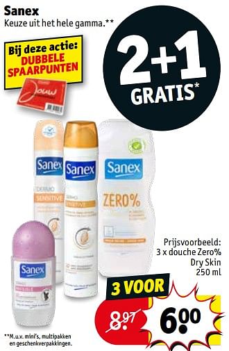 Promoties Sanex douche zero% dry skin - Sanex - Geldig van 13/08/2019 tot 18/08/2019 bij Kruidvat
