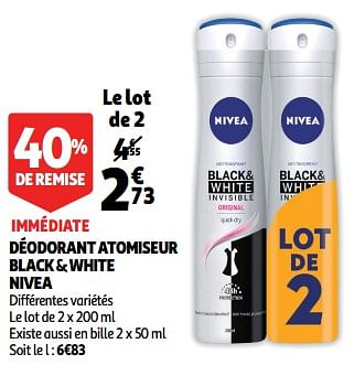 Promotions Déodorant atomiseur black + white nivea - Nivea - Valide de 13/08/2019 à 20/08/2019 chez Auchan Ronq