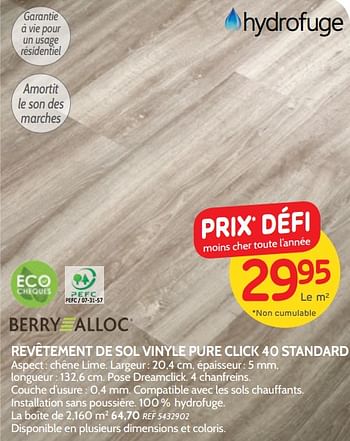 Promoties Revêtement de sol vinyle pure click 40 standa - Berry Alloc - Geldig van 14/08/2019 tot 02/09/2019 bij BricoPlanit