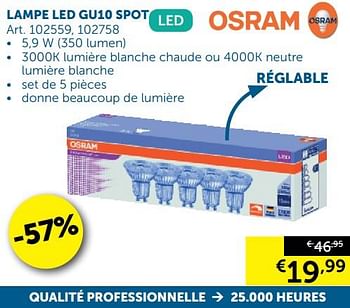 Promotions Lampe led gu10 spot - Osram - Valide de 20/08/2019 à 23/09/2019 chez Zelfbouwmarkt