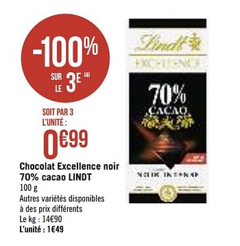 Promotions Chocolat excellence noir 70% cacao lindt - Lindt - Valide de 13/08/2019 à 25/08/2019 chez Super Casino
