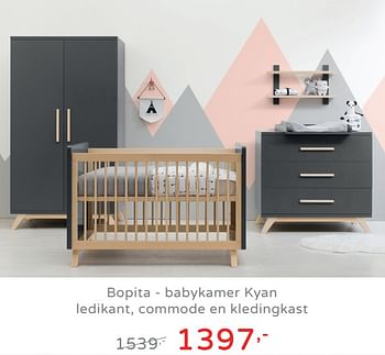 Promotions Bopita - babykamer kyan ledikant, commode en kledingkast - Bopita - Valide de 11/08/2019 à 17/08/2019 chez Baby & Tiener Megastore