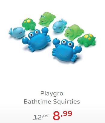 Promoties Playgro bathtime squirties - Playgro - Geldig van 11/08/2019 tot 17/08/2019 bij Baby & Tiener Megastore